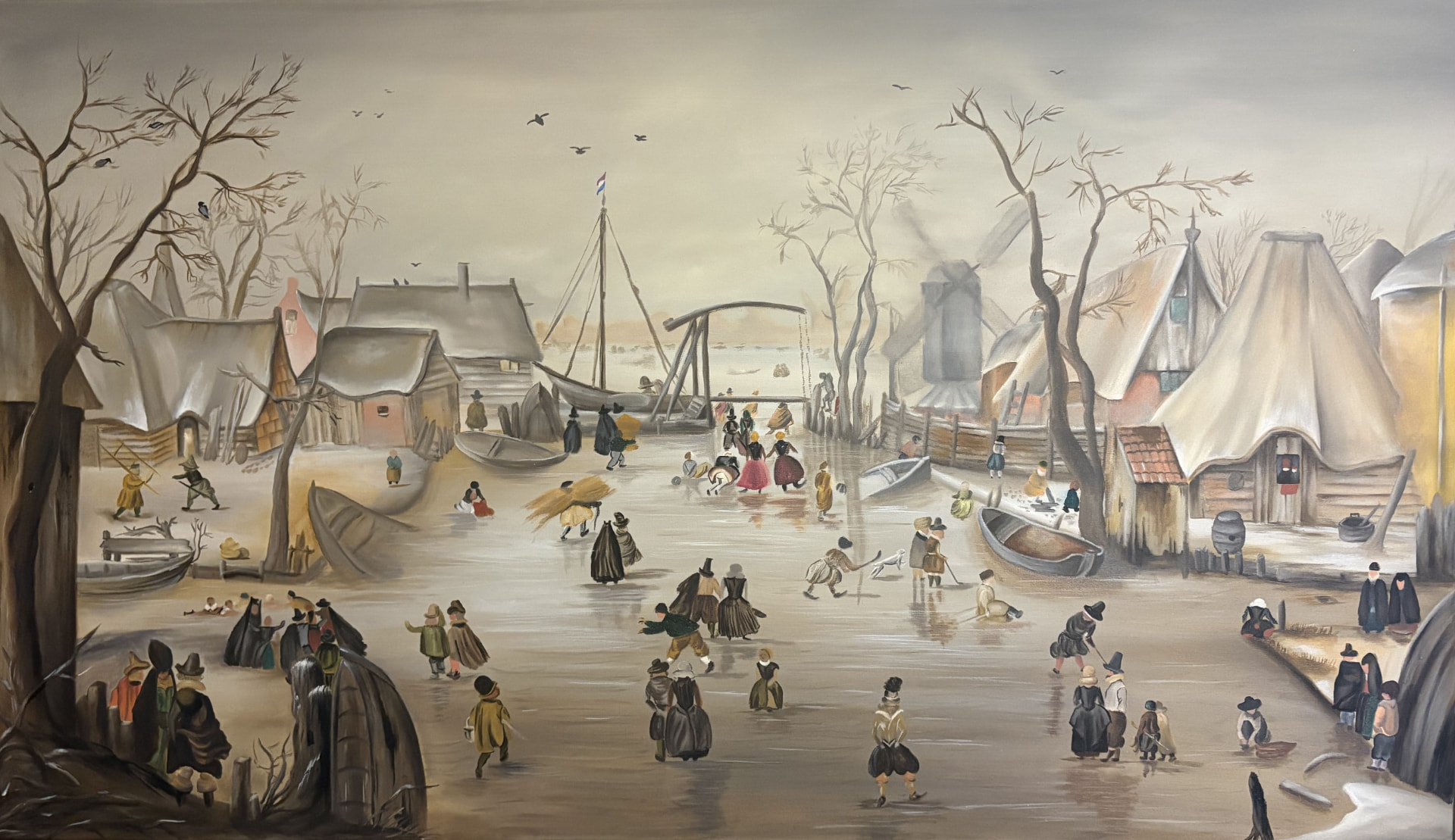 Ice Scene (after Hendrick Avercamp), Oil on canvas, 60 × 120 cm